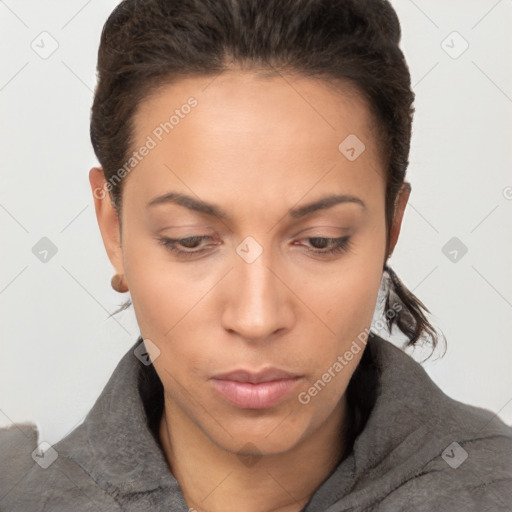 Neutral white young-adult female with short  brown hair and brown eyes