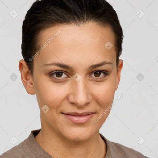 Joyful white young-adult female with short  brown hair and brown eyes