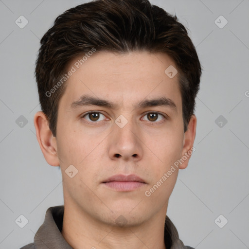 Neutral white young-adult male with short  brown hair and brown eyes