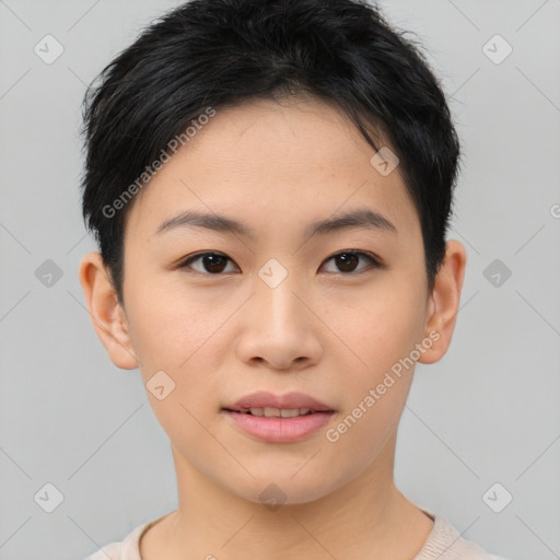 Joyful asian young-adult female with short  brown hair and brown eyes