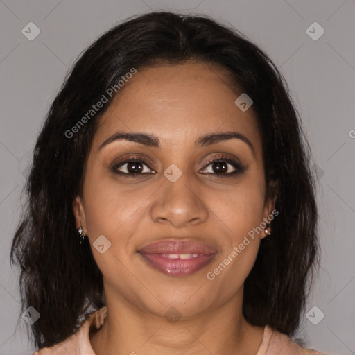 Joyful black young-adult female with medium  brown hair and brown eyes