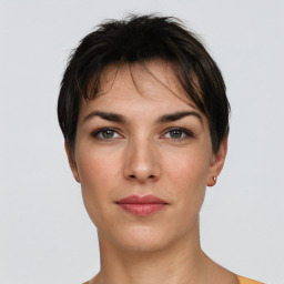 Neutral white young-adult female with short  brown hair and brown eyes