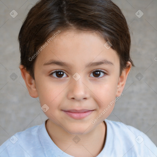 Joyful white child female with short  brown hair and brown eyes