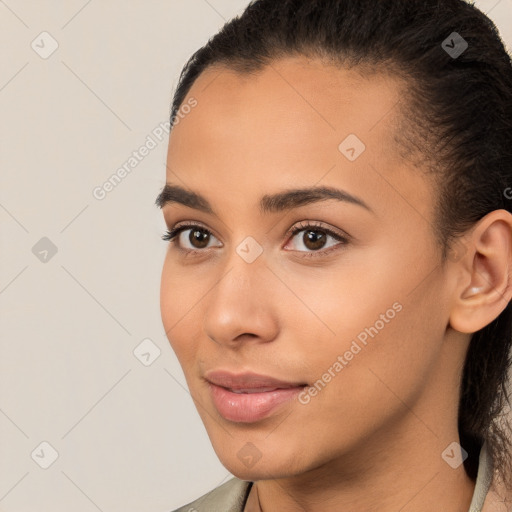 Neutral white young-adult female with short  brown hair and brown eyes