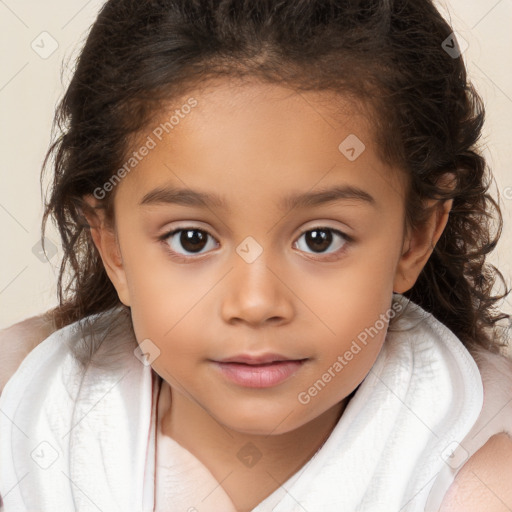 Joyful white child female with medium  brown hair and brown eyes