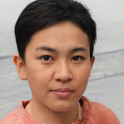 Neutral asian young-adult female with short  brown hair and brown eyes