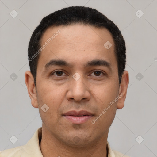 Neutral latino adult male with short  black hair and brown eyes