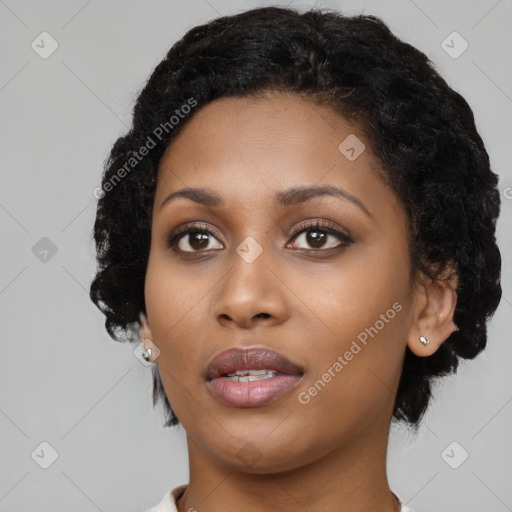 Neutral black young-adult female with short  black hair and brown eyes