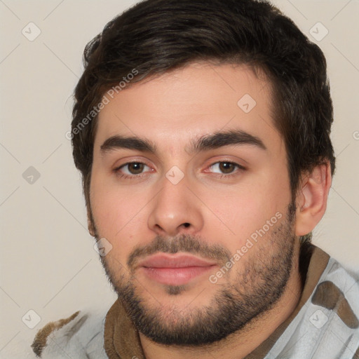 Neutral white young-adult male with short  brown hair and brown eyes