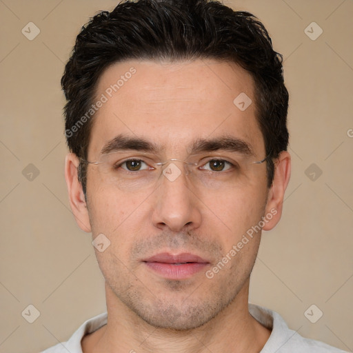 Neutral white young-adult male with short  brown hair and brown eyes