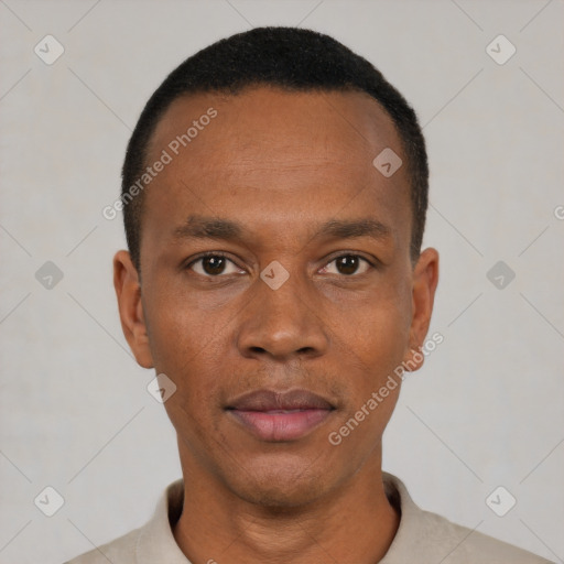 Neutral black young-adult male with short  black hair and brown eyes