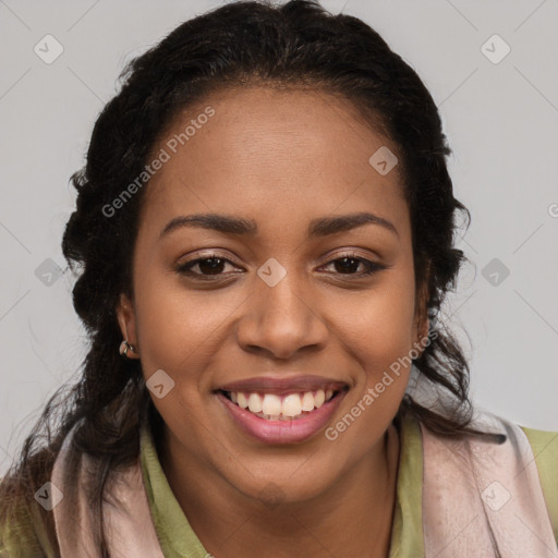 Joyful latino young-adult female with long  brown hair and brown eyes