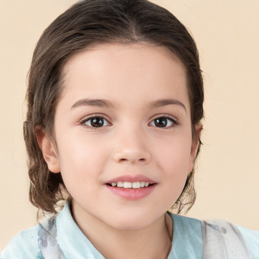 Joyful white child female with medium  brown hair and brown eyes