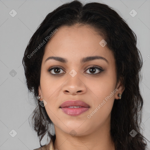 Joyful asian young-adult female with long  brown hair and brown eyes