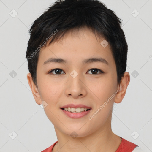 Joyful asian young-adult female with short  brown hair and brown eyes