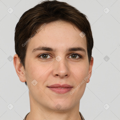 Joyful white young-adult female with short  brown hair and grey eyes