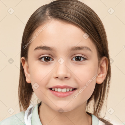 Joyful white child female with medium  brown hair and brown eyes