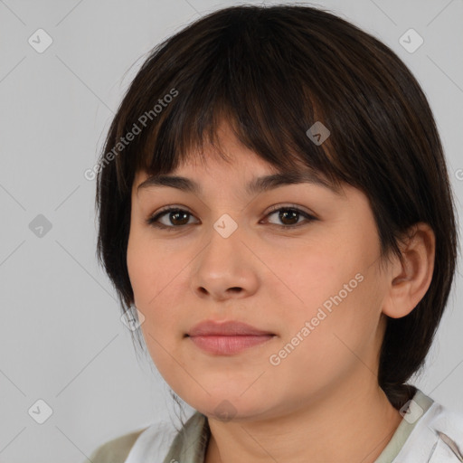 Neutral white young-adult female with medium  brown hair and brown eyes