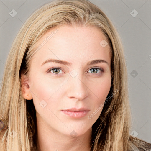 Neutral white young-adult female with long  brown hair and grey eyes