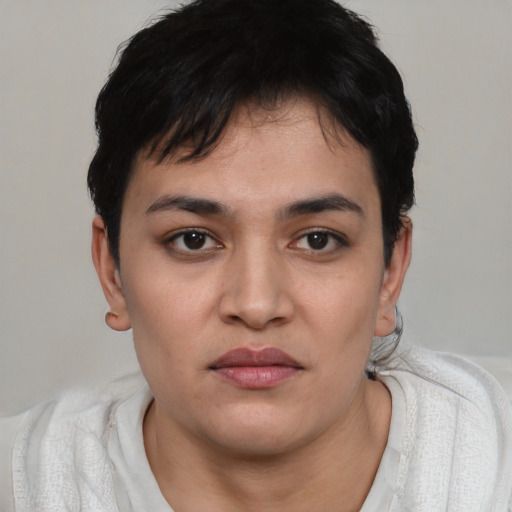 Joyful asian young-adult female with short  black hair and brown eyes