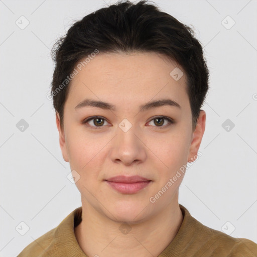 Joyful white young-adult female with short  brown hair and brown eyes