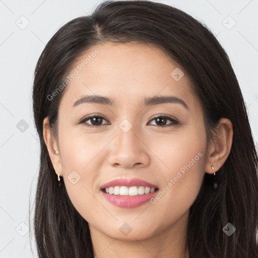 Joyful white young-adult female with long  brown hair and brown eyes