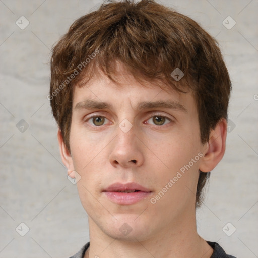 Neutral white young-adult male with short  brown hair and grey eyes