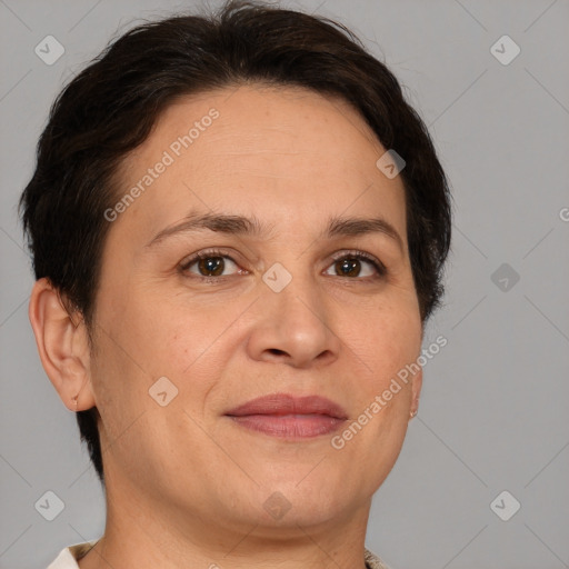 Joyful white adult female with short  brown hair and brown eyes