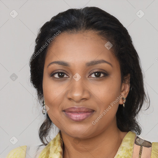 Joyful black young-adult female with medium  black hair and brown eyes