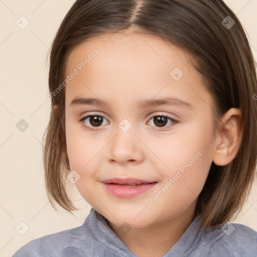 Joyful white child female with medium  brown hair and brown eyes