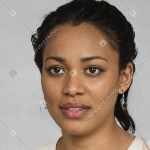 Joyful latino young-adult female with medium  black hair and brown eyes