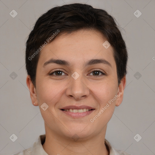 Joyful white young-adult female with short  brown hair and brown eyes