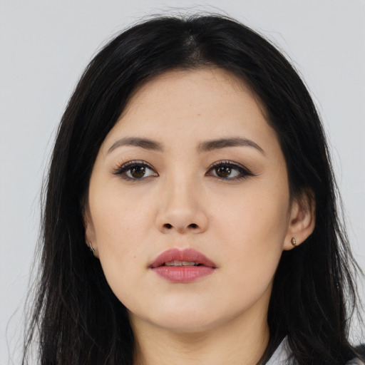 Neutral asian young-adult female with long  black hair and brown eyes