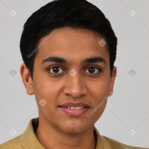 Joyful latino young-adult male with short  black hair and brown eyes