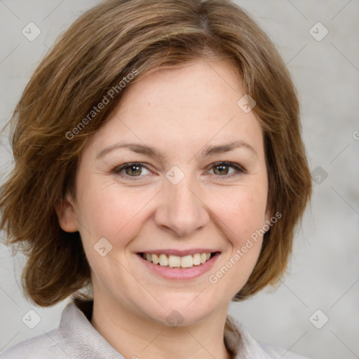 Joyful white young-adult female with medium  brown hair and green eyes