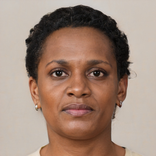 Neutral black young-adult female with short  black hair and brown eyes