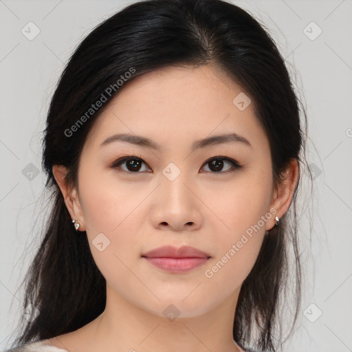 Neutral asian young-adult female with medium  brown hair and brown eyes