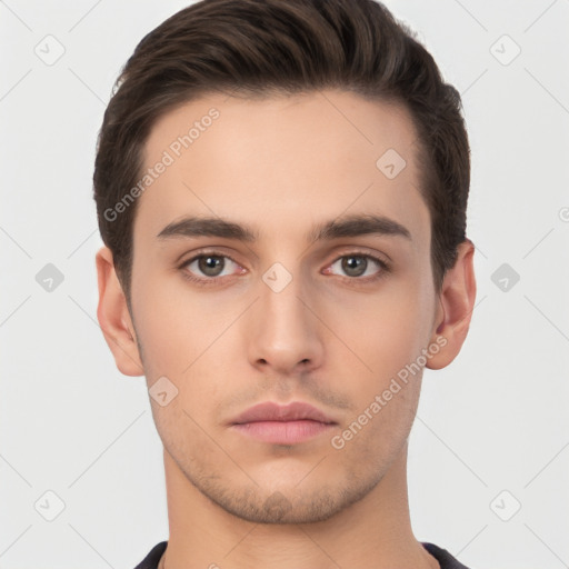 Neutral white young-adult male with short  brown hair and brown eyes