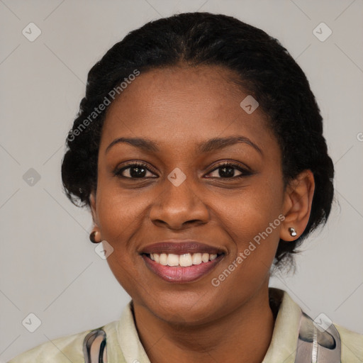 Joyful latino young-adult female with medium  black hair and brown eyes