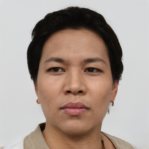 Neutral asian young-adult female with short  black hair and brown eyes