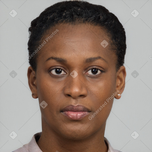 Neutral black young-adult female with short  black hair and brown eyes