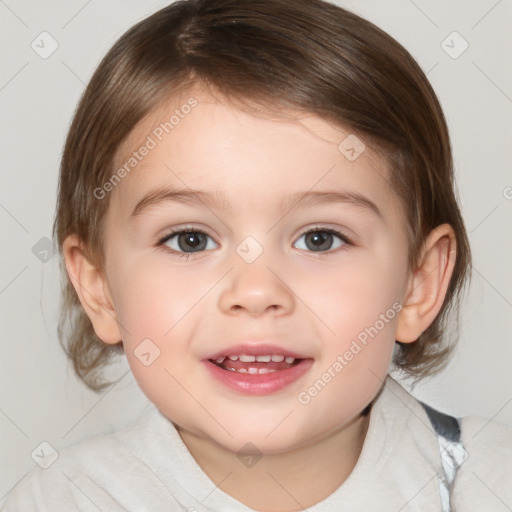 Joyful white child female with medium  brown hair and brown eyes