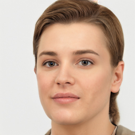 Neutral white young-adult female with short  brown hair and brown eyes