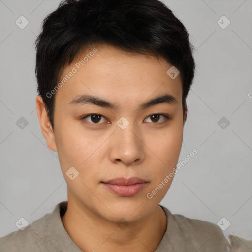 Neutral asian young-adult male with short  brown hair and brown eyes