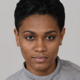 Neutral black young-adult female with short  black hair and brown eyes