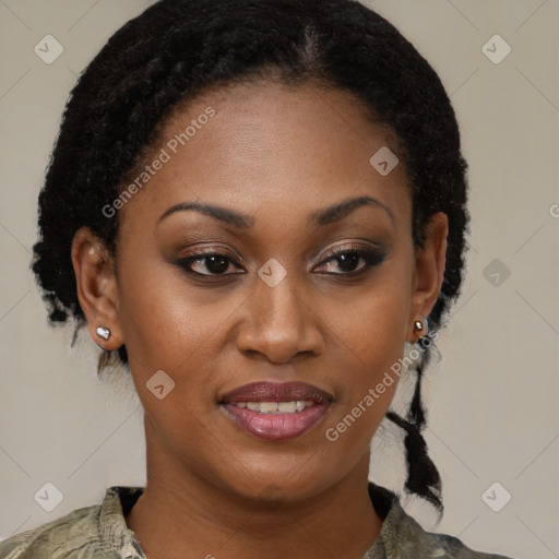 Joyful black young-adult female with medium  brown hair and brown eyes