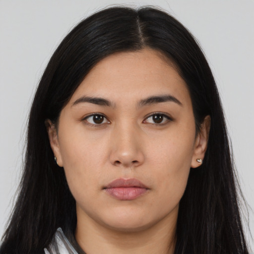 Neutral asian young-adult female with long  black hair and brown eyes