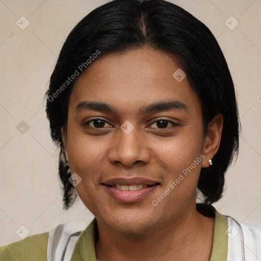 Joyful latino young-adult female with medium  black hair and brown eyes