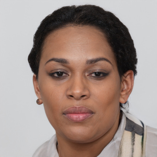 Joyful black young-adult female with short  brown hair and brown eyes