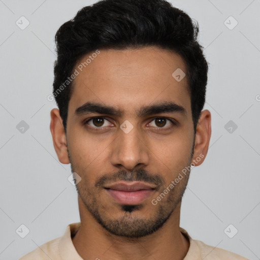 Neutral latino young-adult male with short  black hair and brown eyes